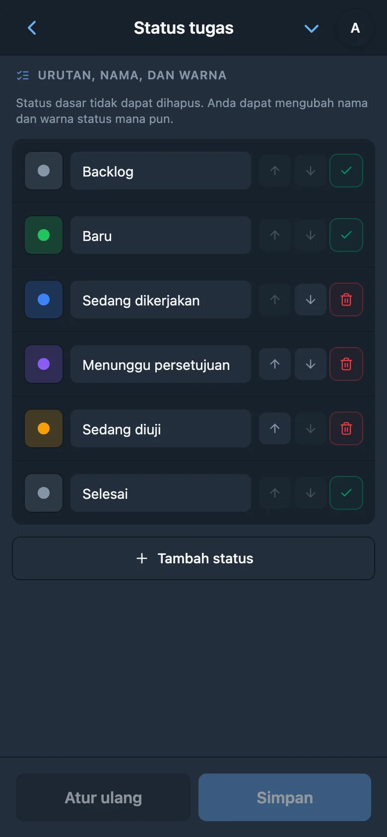 Daftar status tugas beserta nama dan warnanya