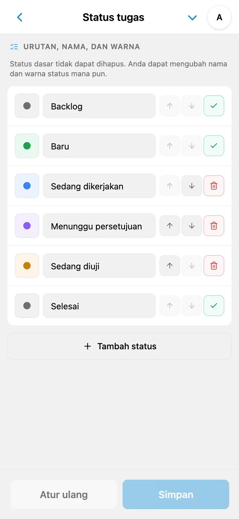 Daftar status tugas beserta nama dan warnanya