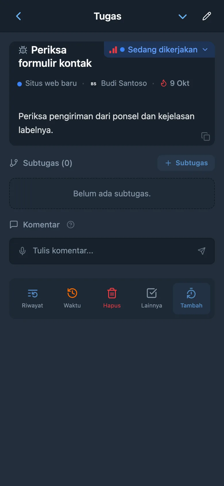 Kartu tugas yang dibuka dari papan Kanban proyek