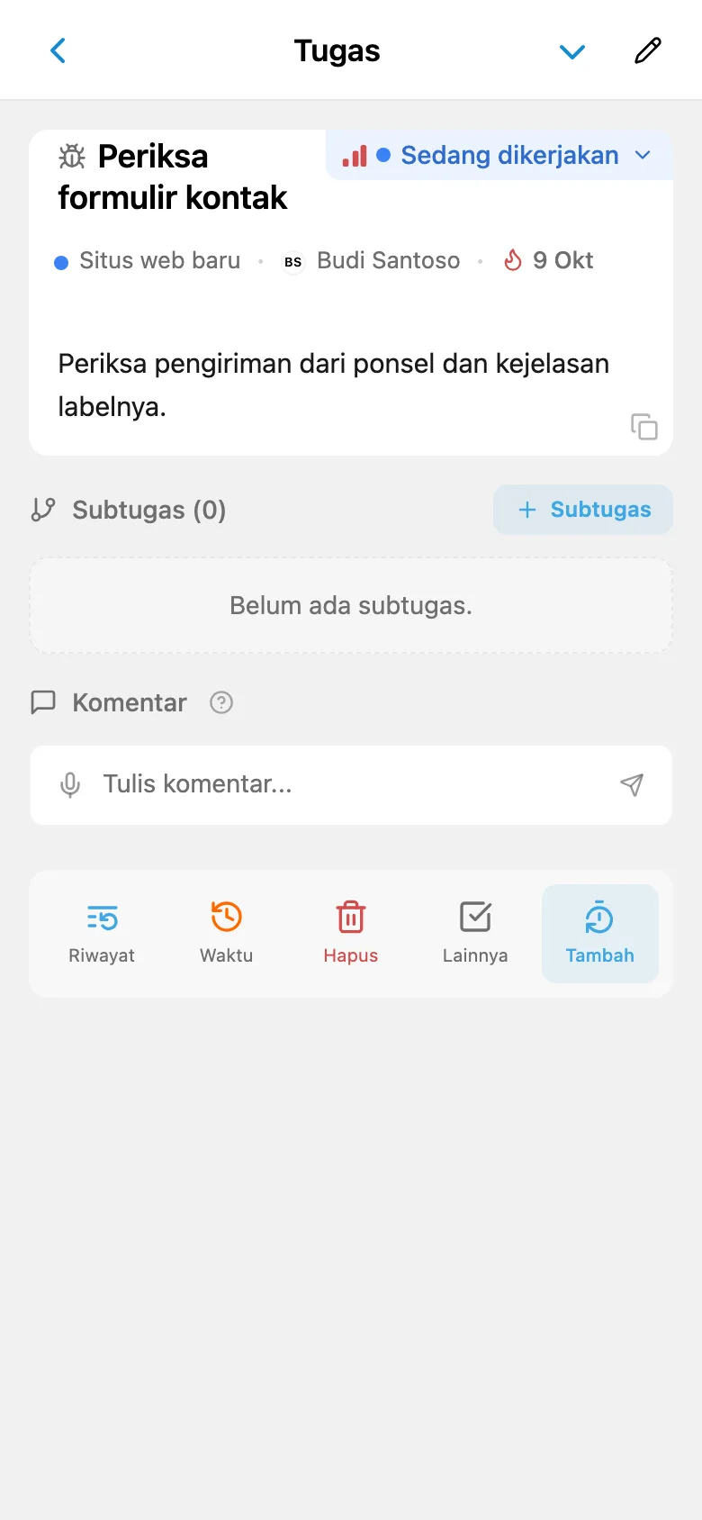 Kartu tugas yang dibuka dari papan Kanban proyek