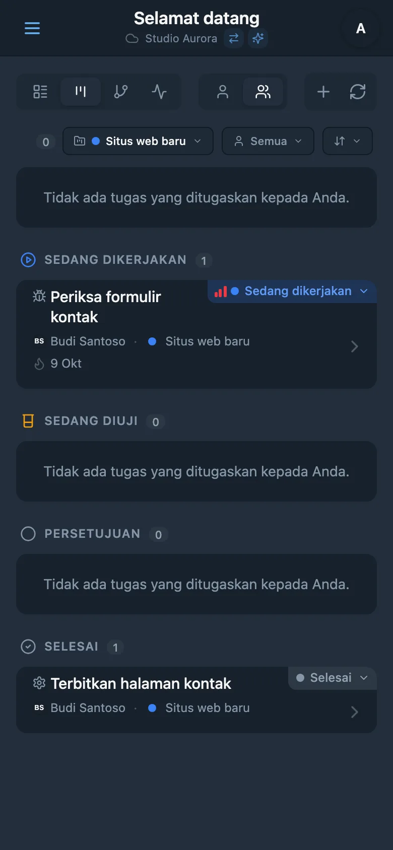 Papan Kanban yang difilter berdasarkan proyek