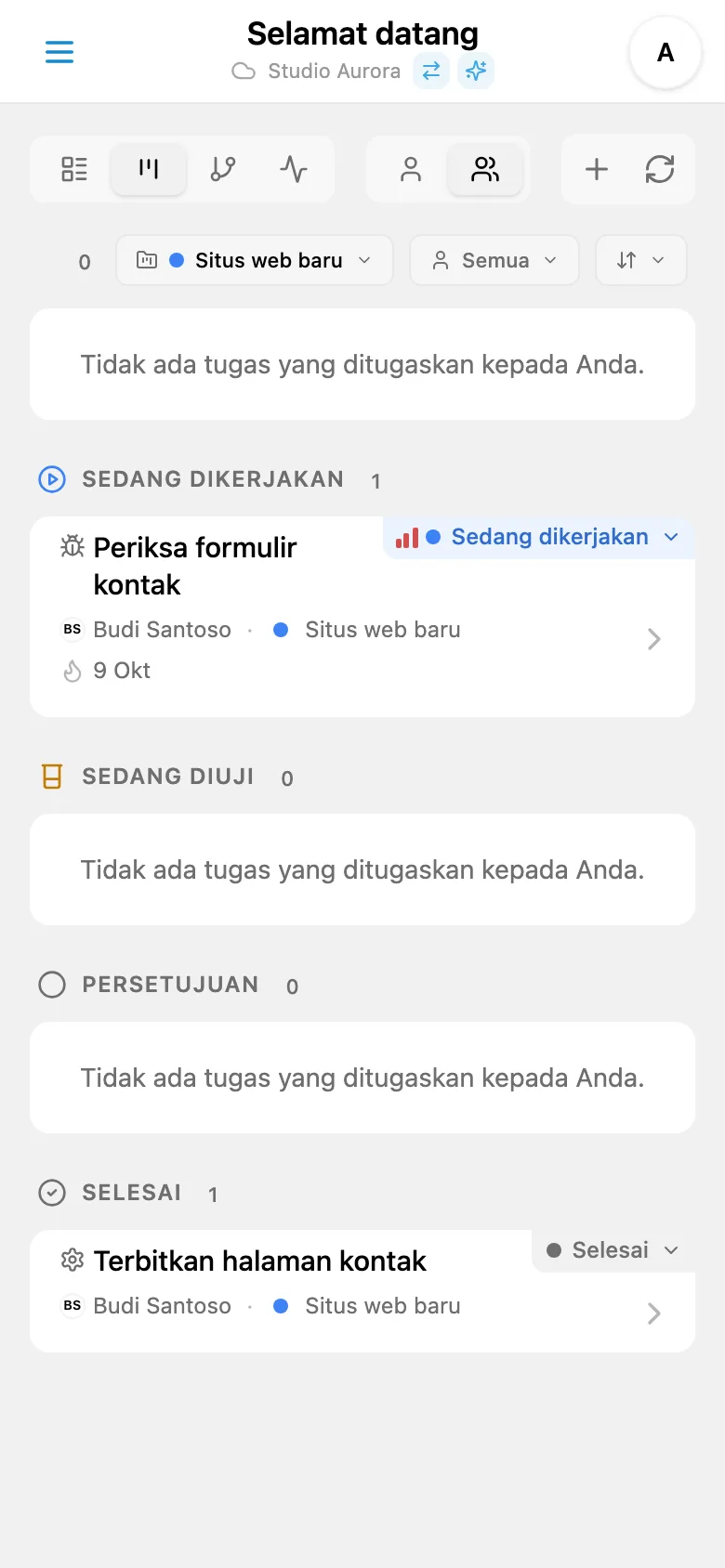 Papan Kanban yang difilter berdasarkan proyek