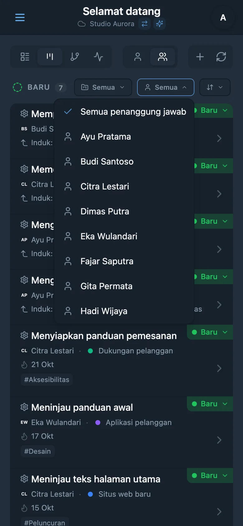 Filter tugas berdasarkan penanggung jawab
