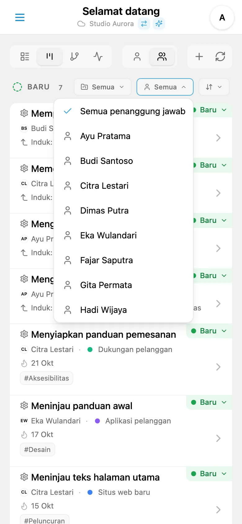 Filter tugas berdasarkan penanggung jawab