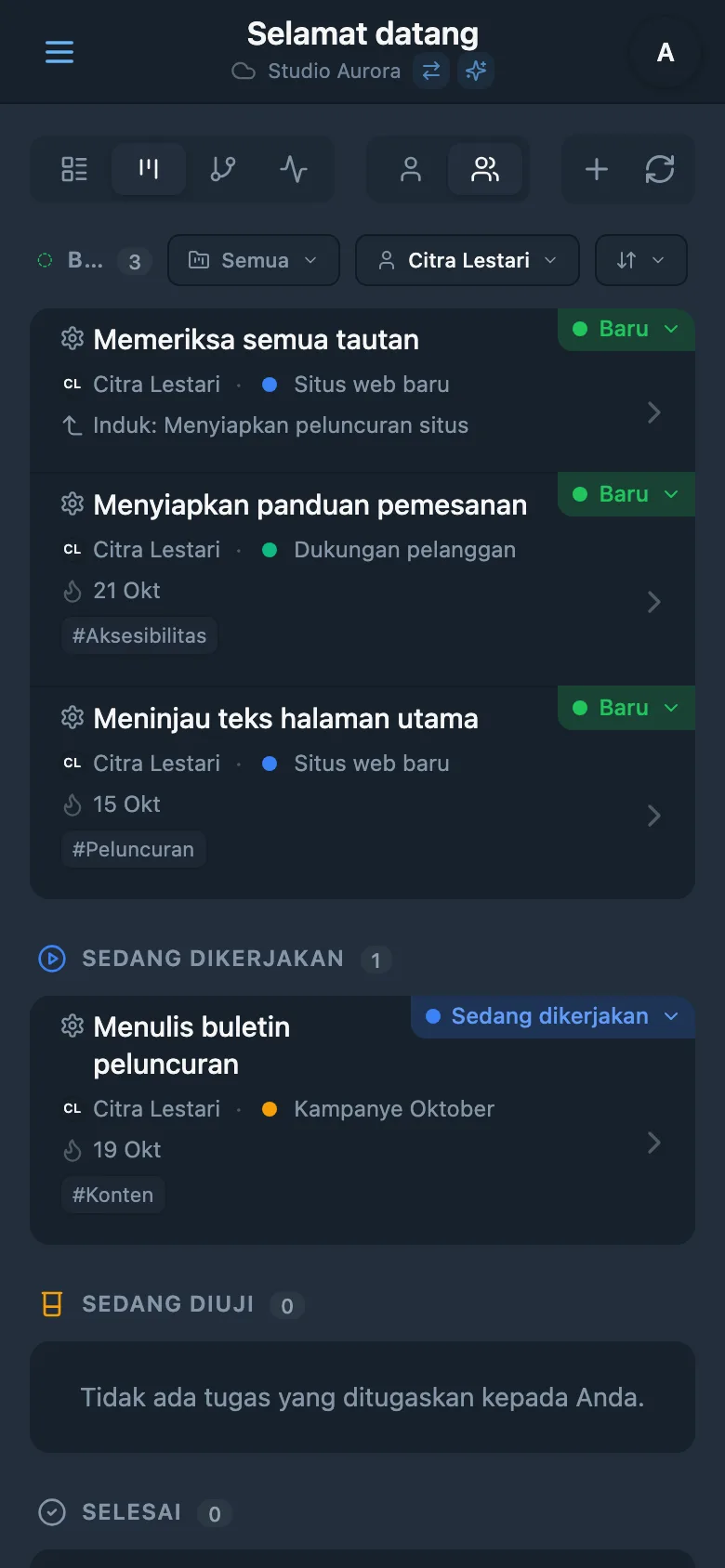 Papan Kanban yang difilter berdasarkan penanggung jawab