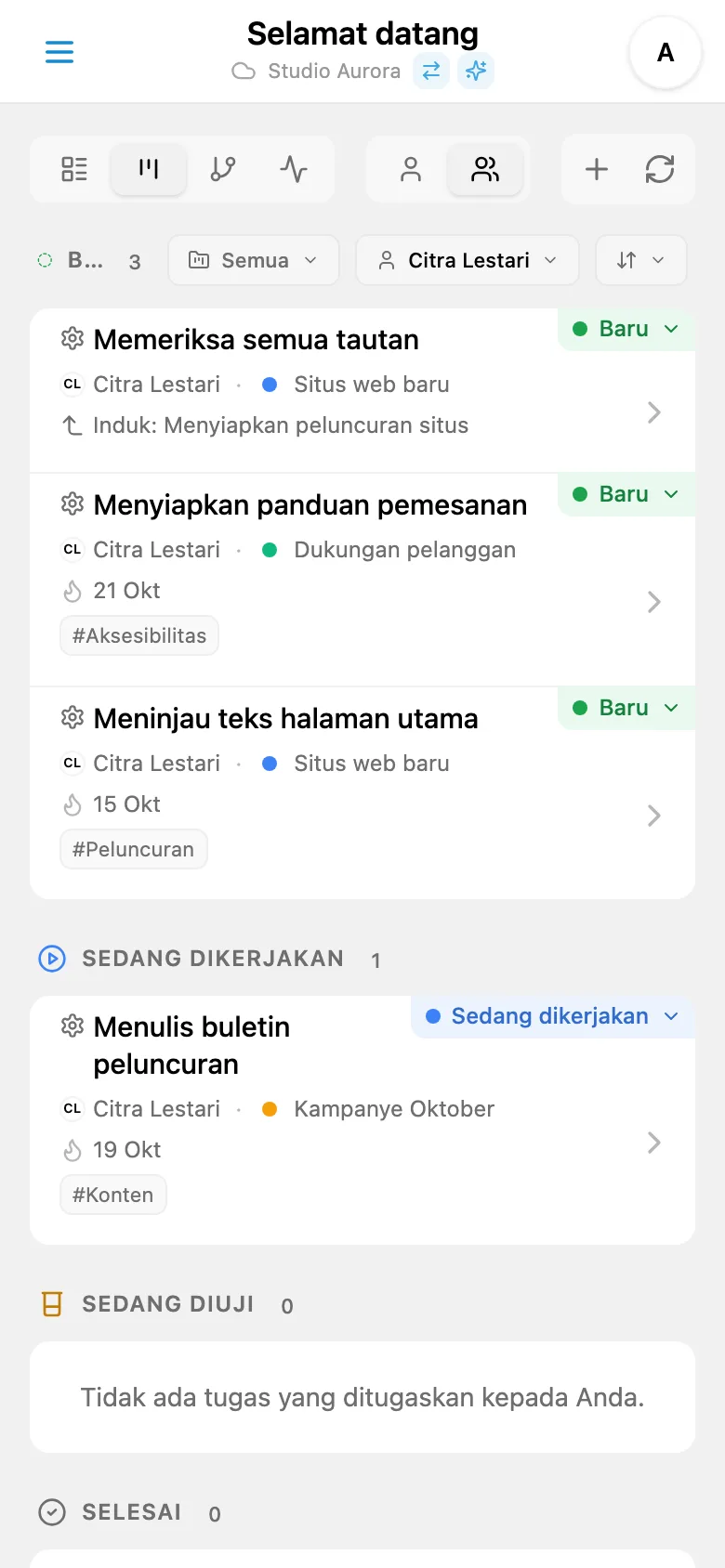 Papan Kanban yang difilter berdasarkan penanggung jawab