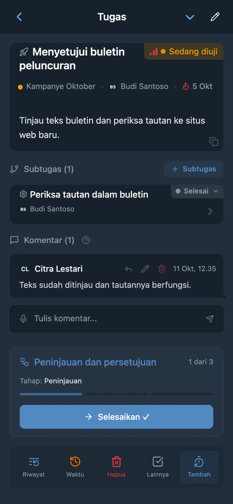 Tugas pada tahap peninjauan dengan tombol untuk meneruskan ke tahap berikutnya