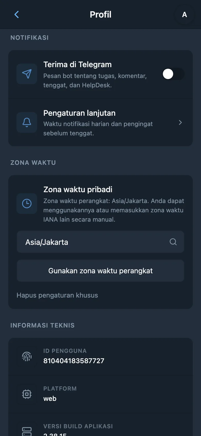 Pengaturan zona waktu, waktu notifikasi, dan pengingat sebelum tenggat