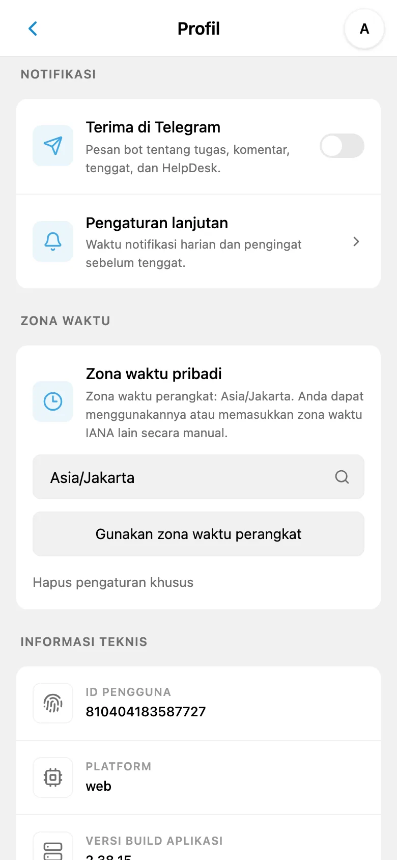Pengaturan zona waktu, waktu notifikasi, dan pengingat sebelum tenggat