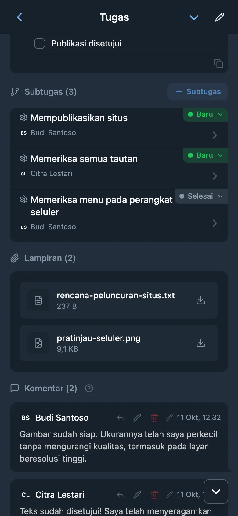 Lampiran pada kartu tugas