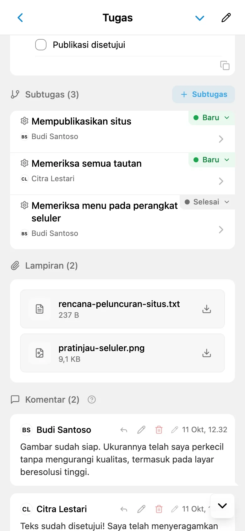 Lampiran pada kartu tugas