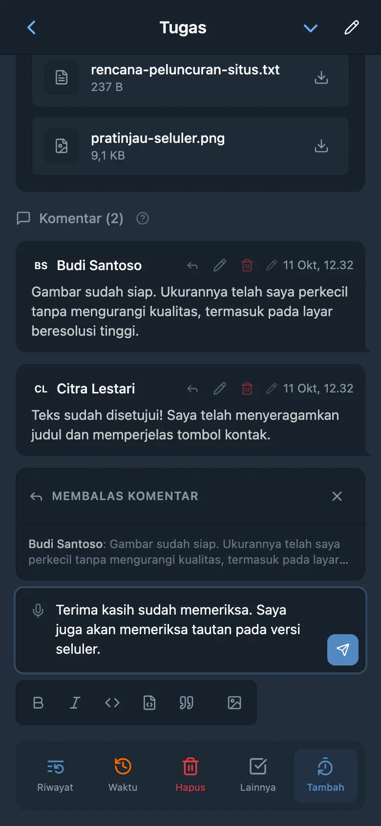 Balasan kepada anggota tim dengan mengutip komentarnya