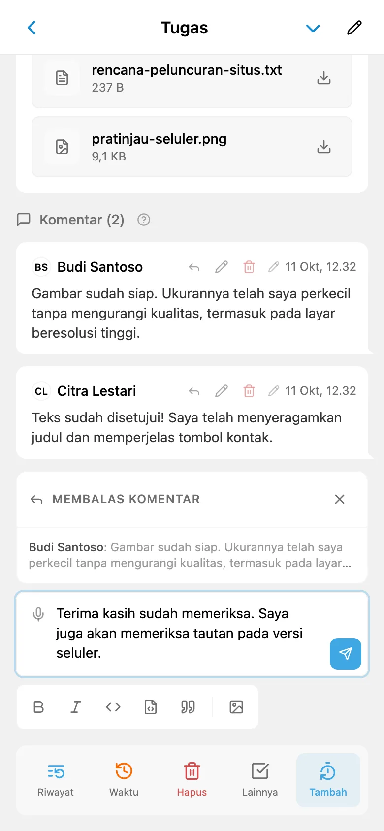 Balasan kepada anggota tim dengan mengutip komentarnya