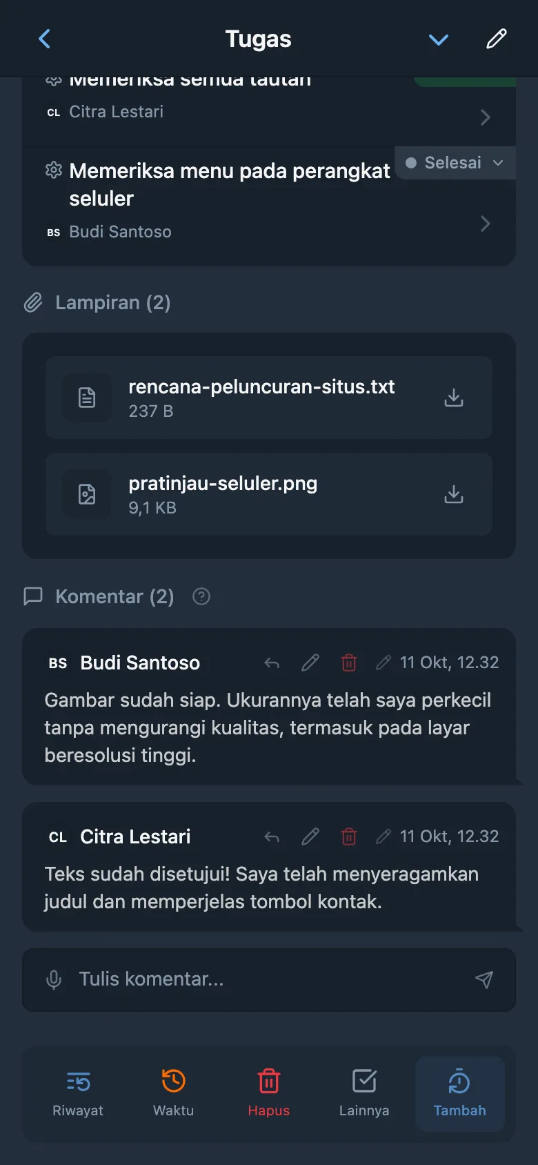 Percakapan tim dalam komentar tugas