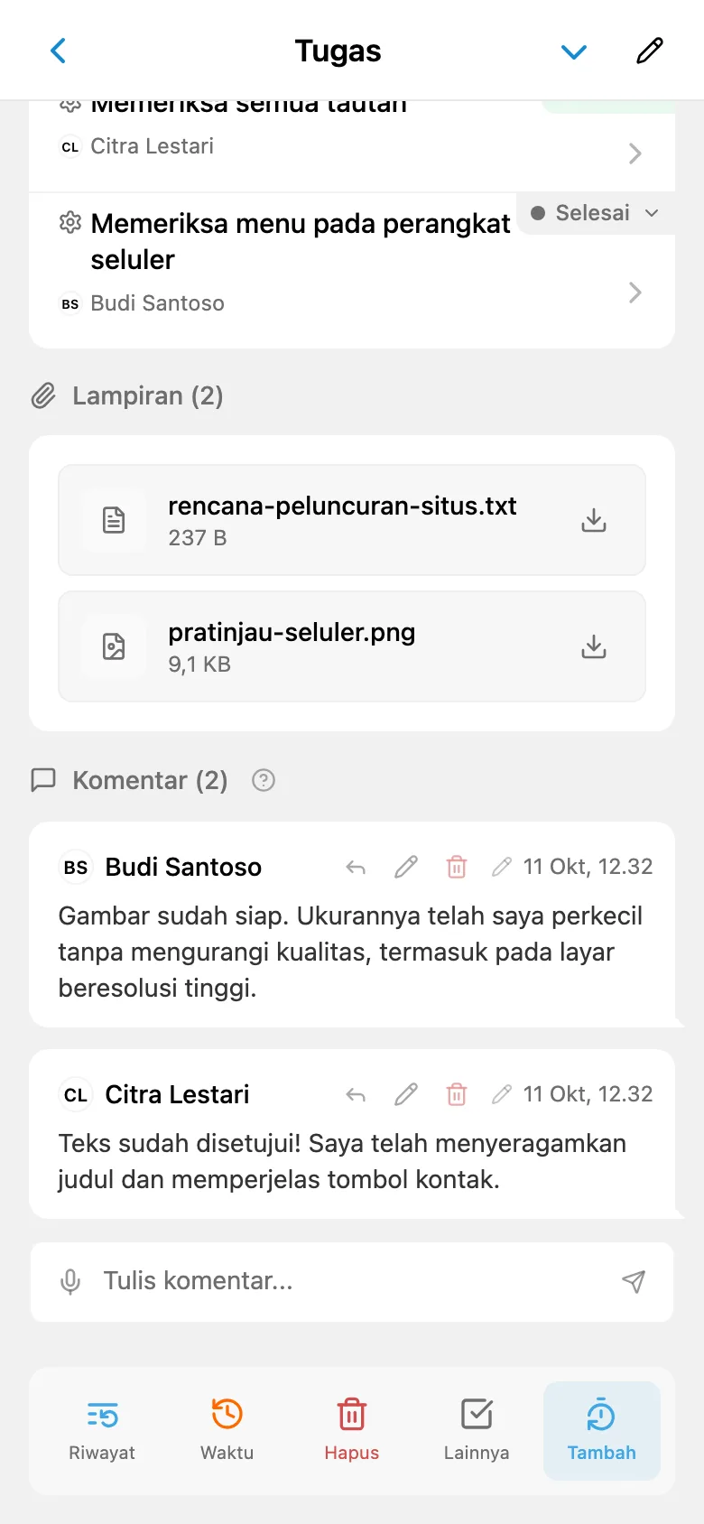 Percakapan tim dalam komentar tugas