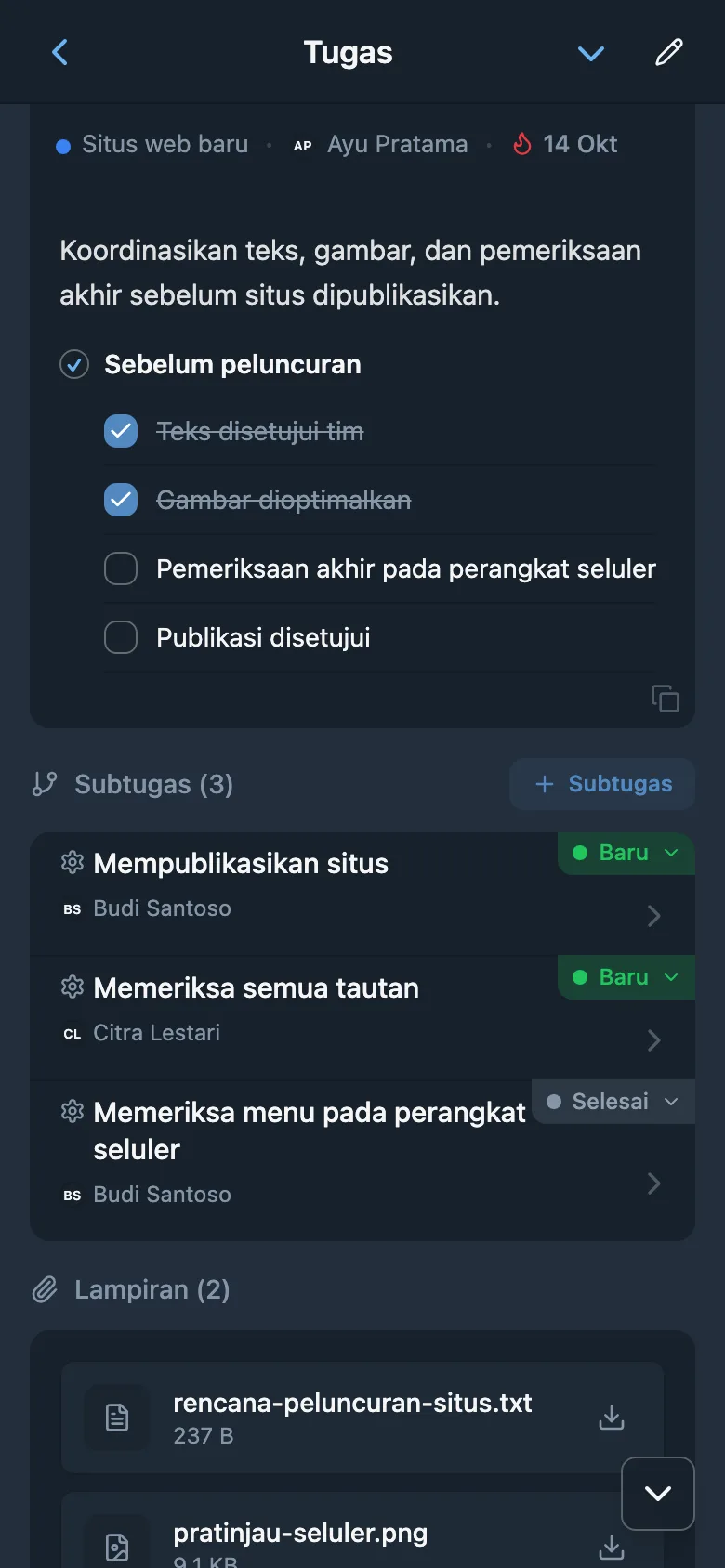 Kartu tugas yang menampilkan subtugas beserta status dan penanggung jawabnya