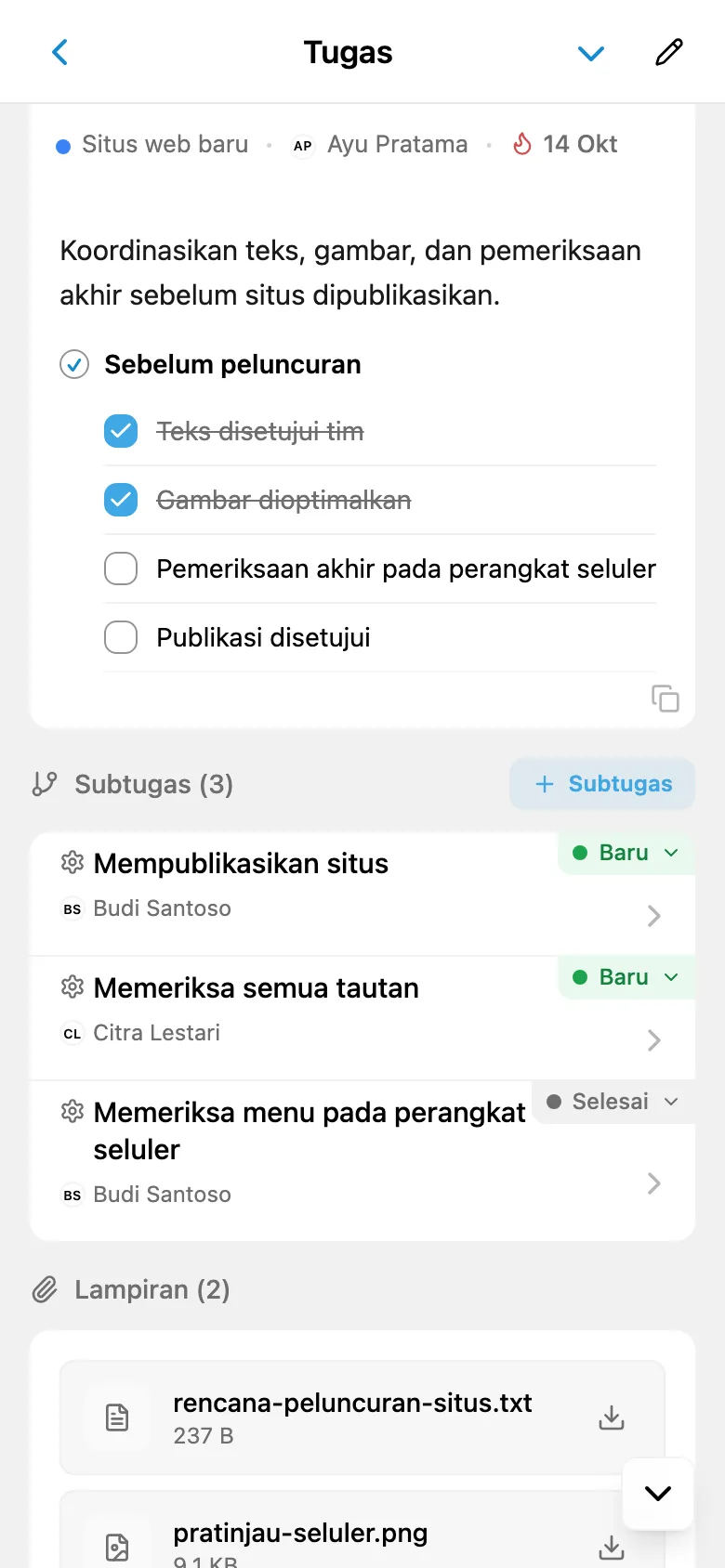 Kartu tugas yang menampilkan subtugas beserta status dan penanggung jawabnya