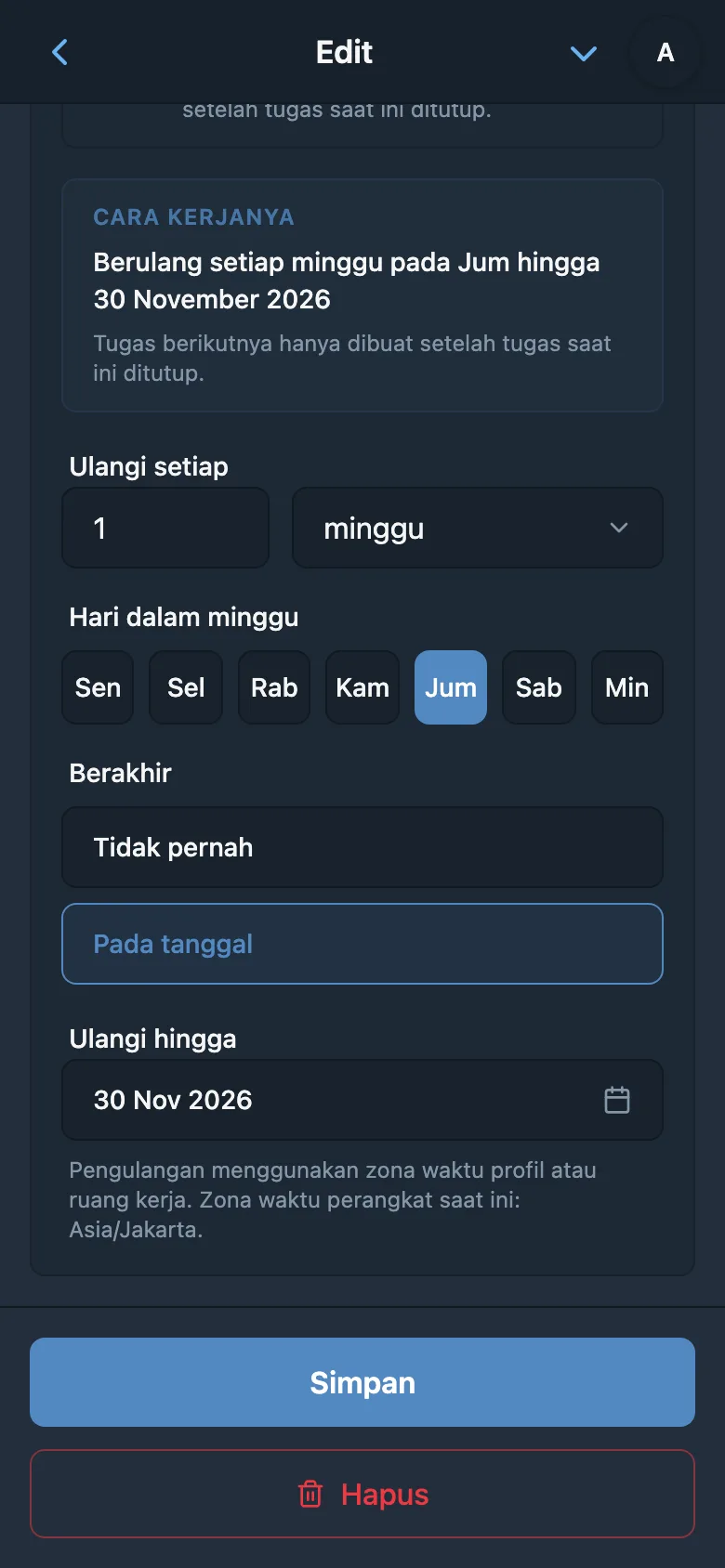Aturan tugas berulang setiap Jumat beserta tanggal akhir rangkaian