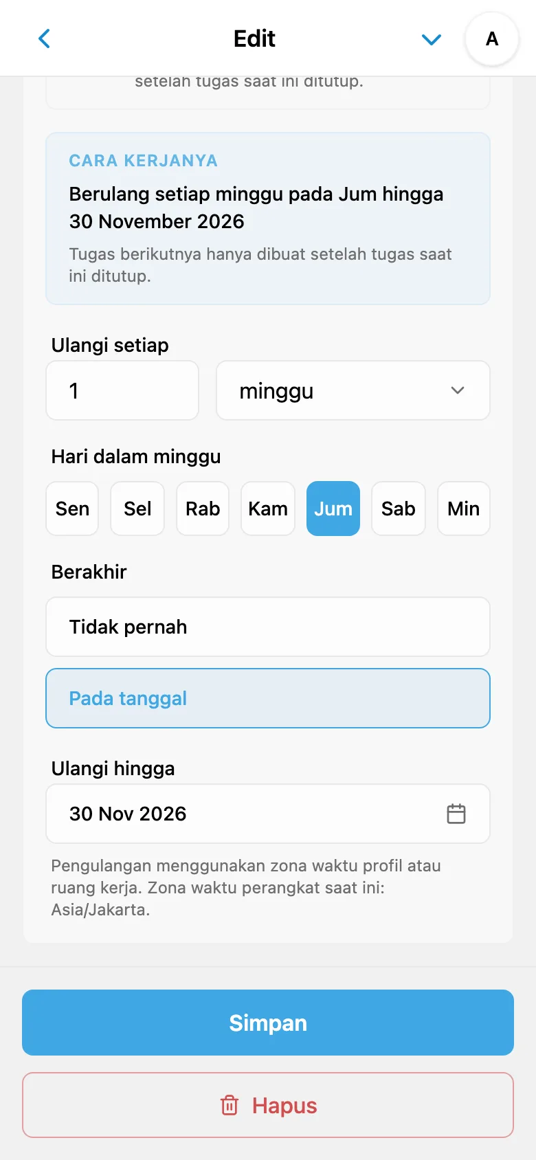 Aturan tugas berulang setiap Jumat beserta tanggal akhir rangkaian