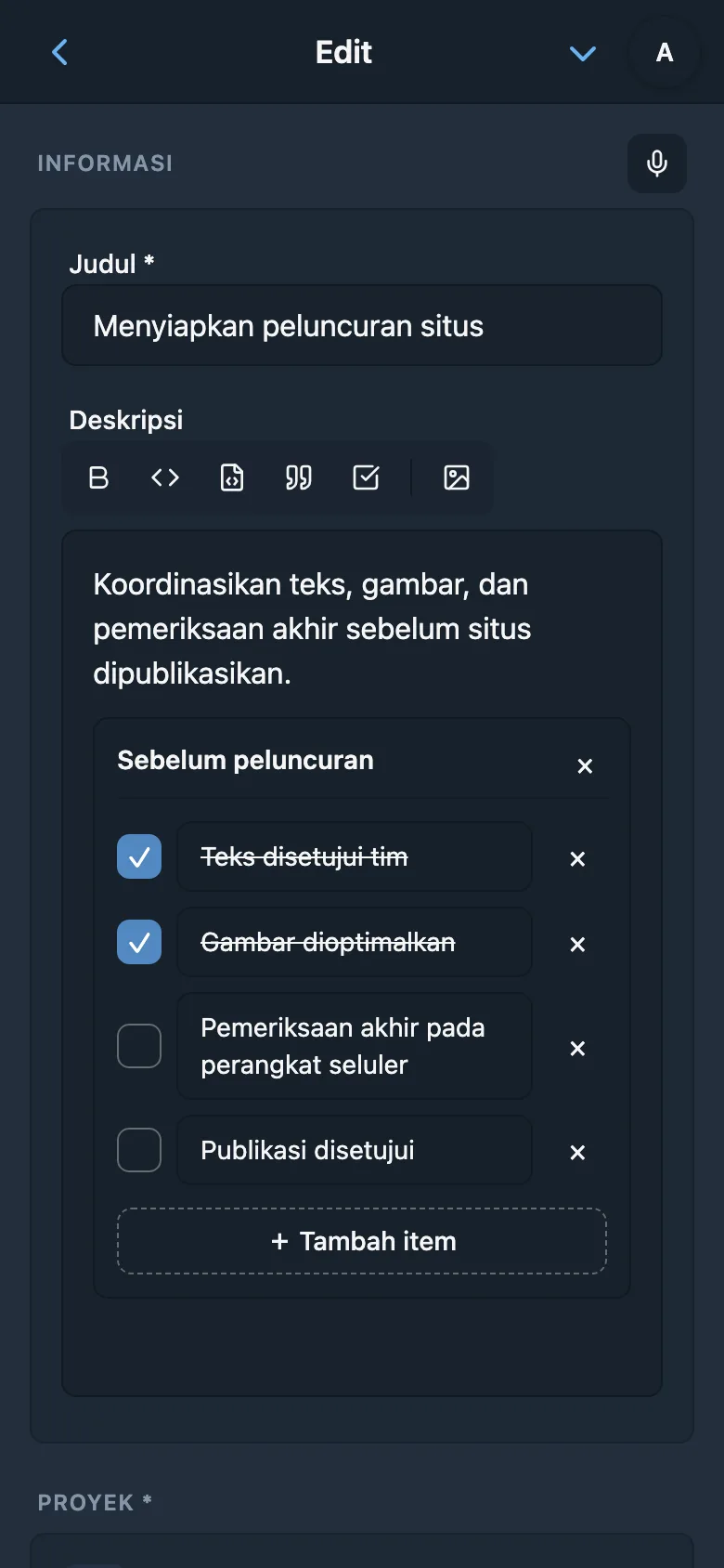 Editor deskripsi tugas dengan pemformatan dan blok kode