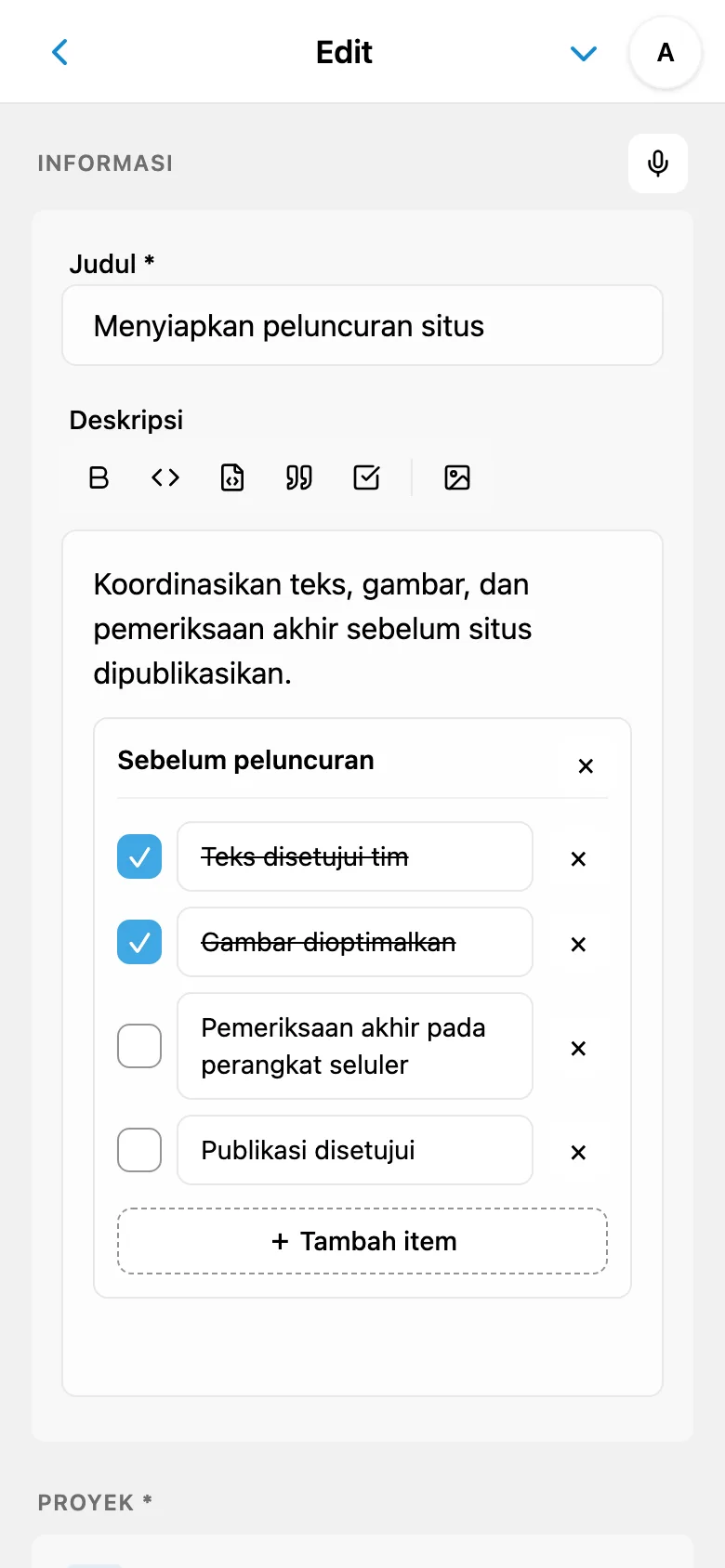 Editor deskripsi tugas dengan pemformatan dan blok kode
