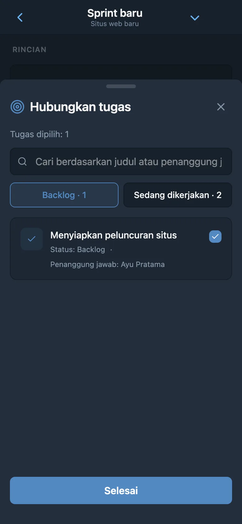 Pemilihan tugas backlog proyek untuk ditambahkan ke sprint