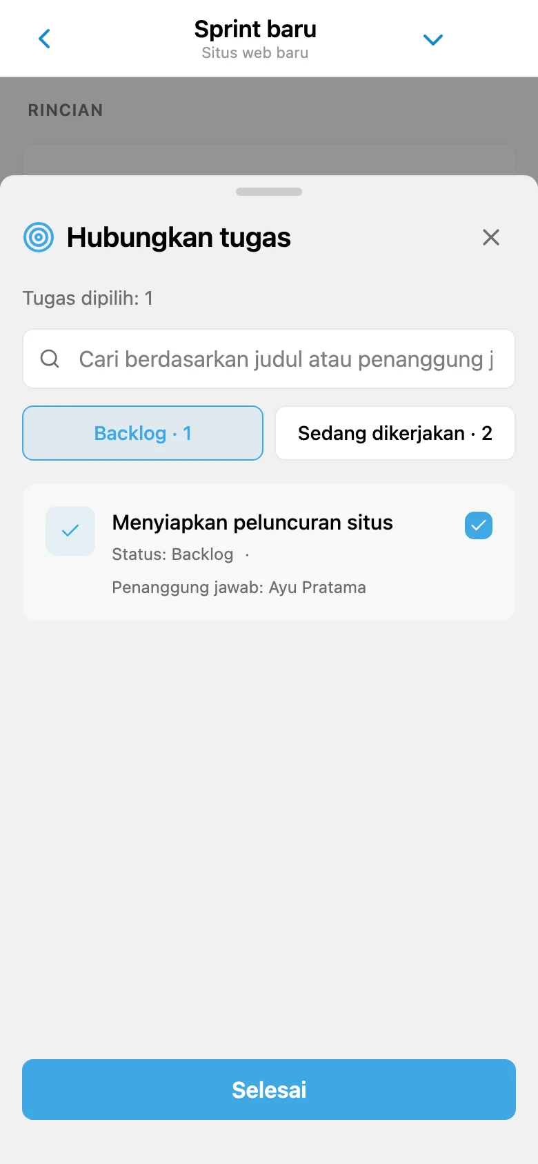 Pemilihan tugas backlog proyek untuk ditambahkan ke sprint