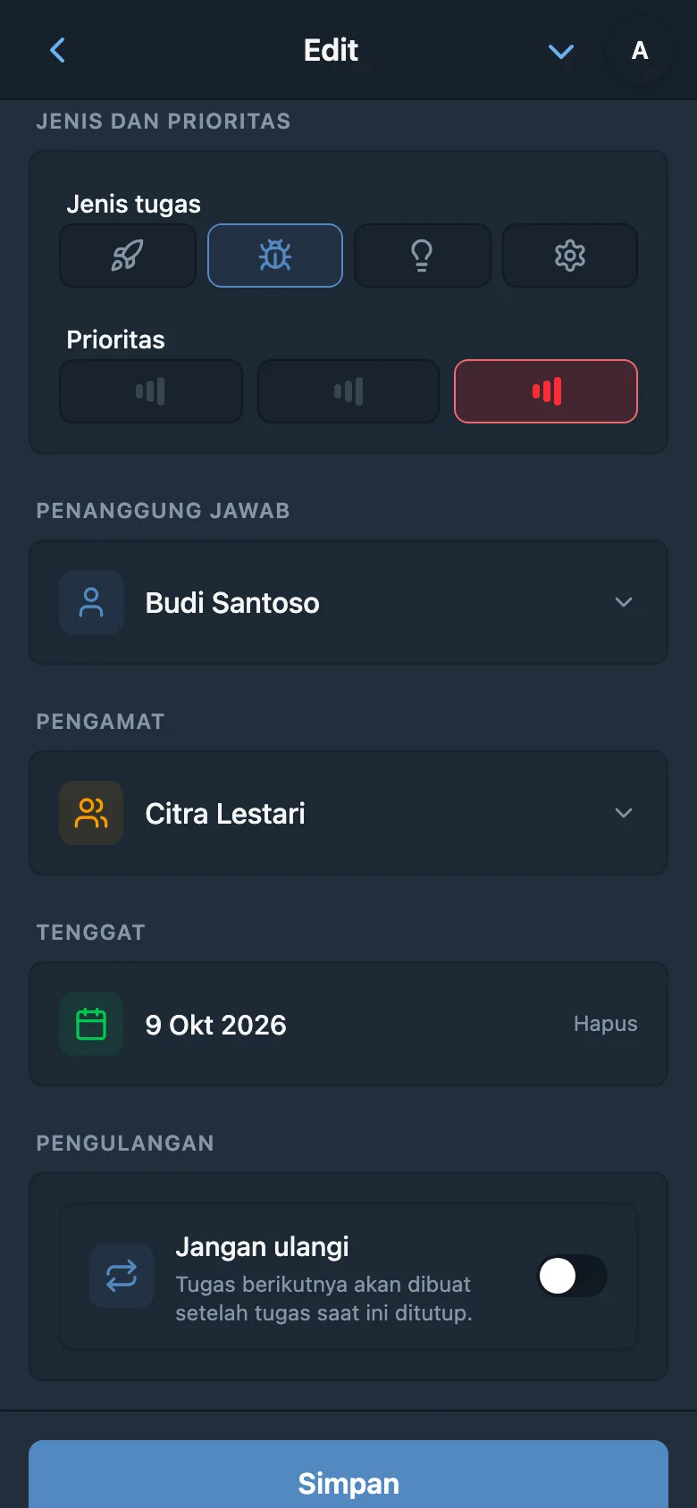 Kolom tugas dengan jenis Bug, prioritas tinggi, penanggung jawab, pengamat, dan tenggat