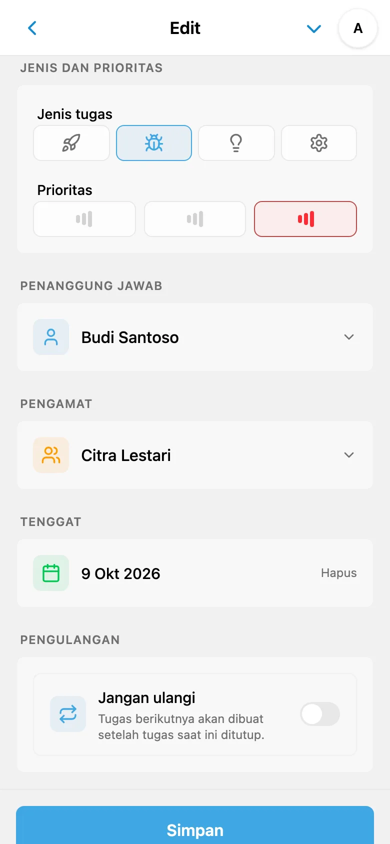 Kolom tugas dengan jenis Bug, prioritas tinggi, penanggung jawab, pengamat, dan tenggat