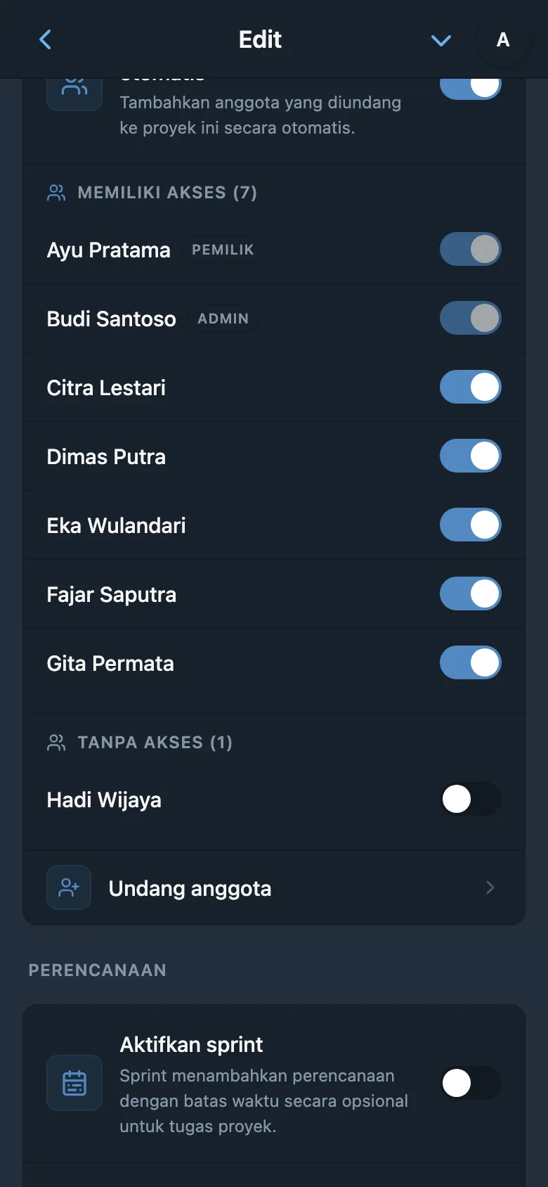 Pengaturan akses proyek