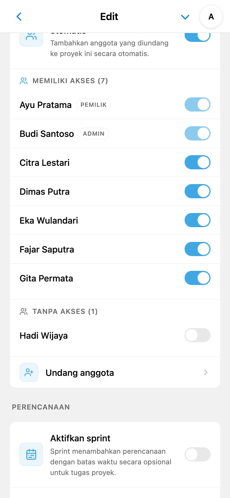 Pengaturan akses proyek