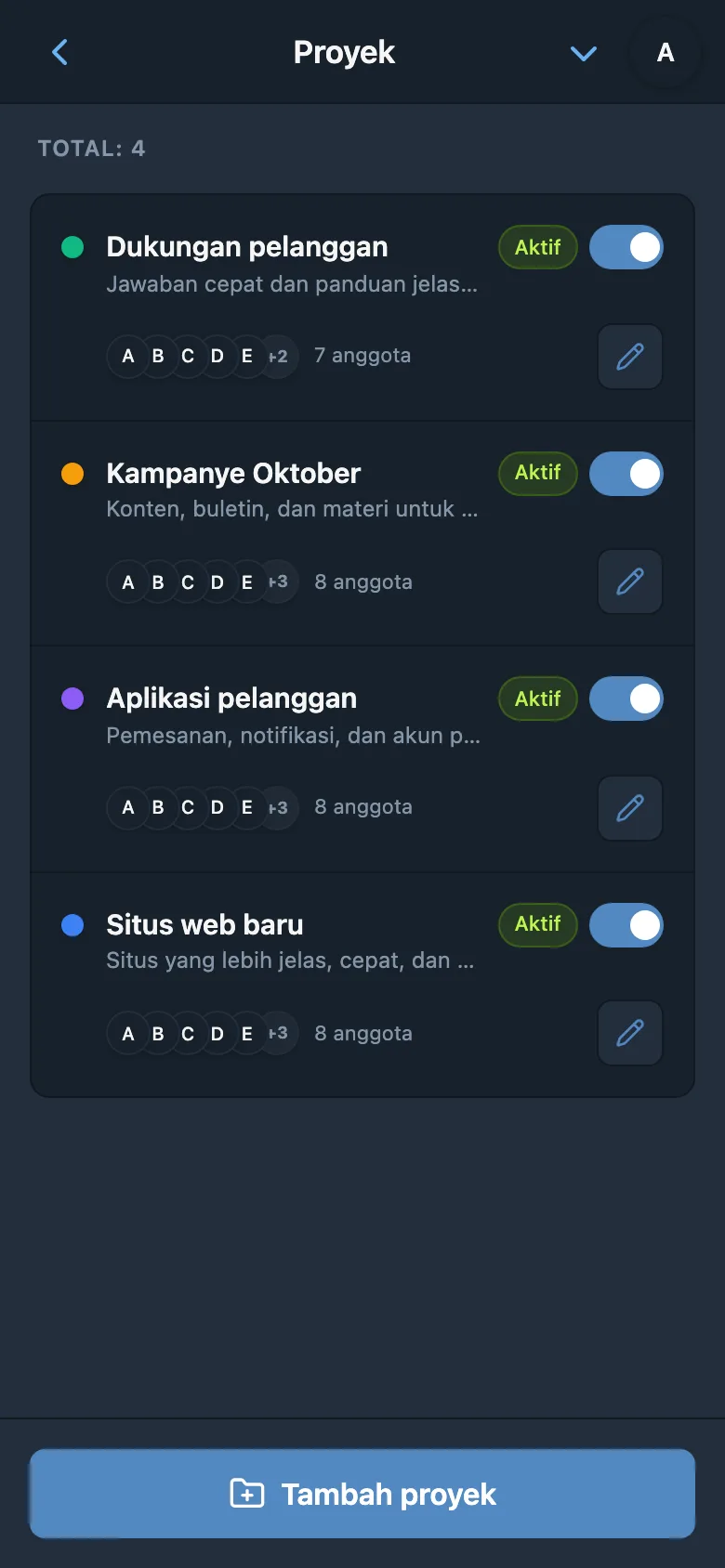 Proyek studio untuk situs web, aplikasi klien, kampanye musim gugur, dan dukungan