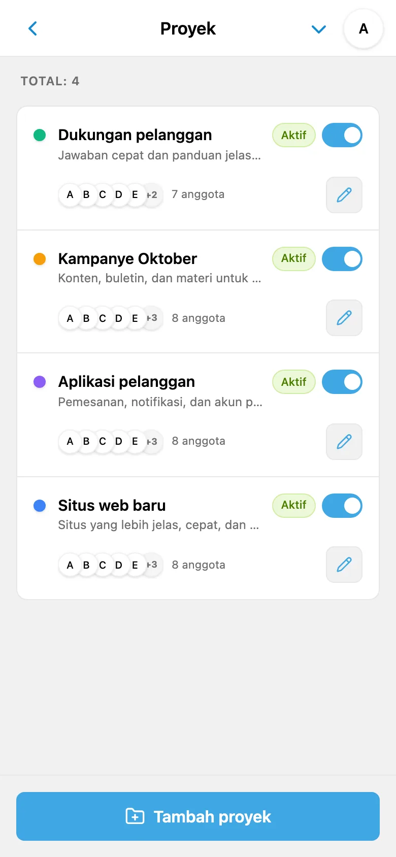 Proyek studio untuk situs web, aplikasi klien, kampanye musim gugur, dan dukungan