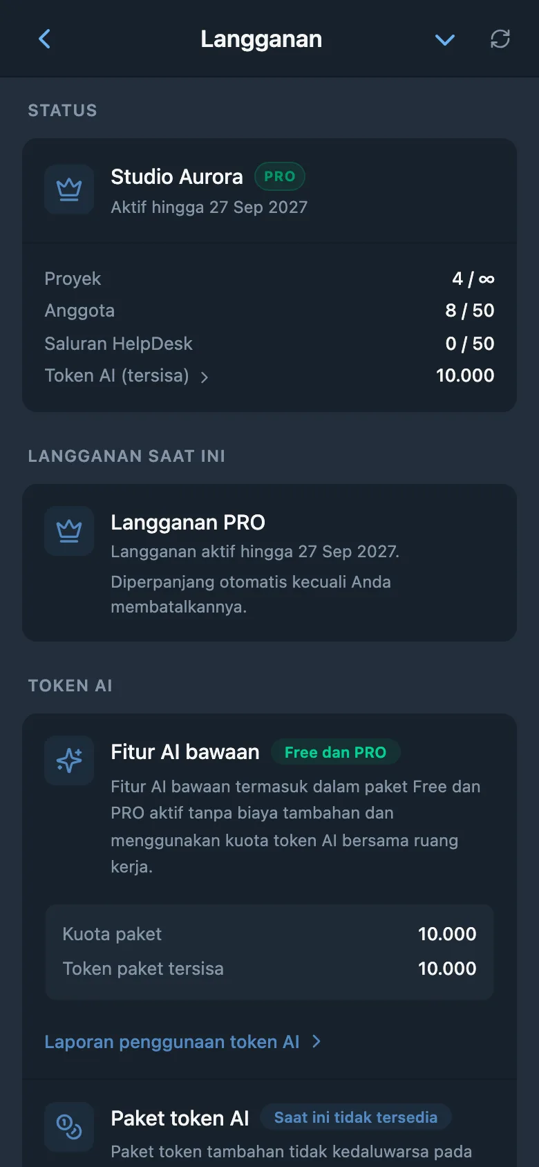 Informasi langganan ruang kerja