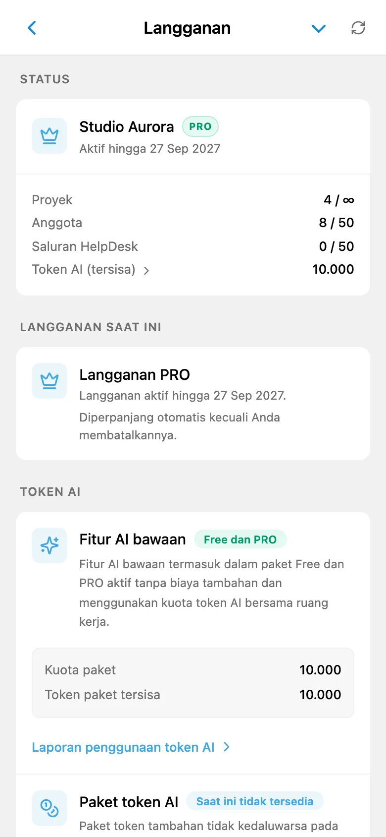 Informasi langganan ruang kerja