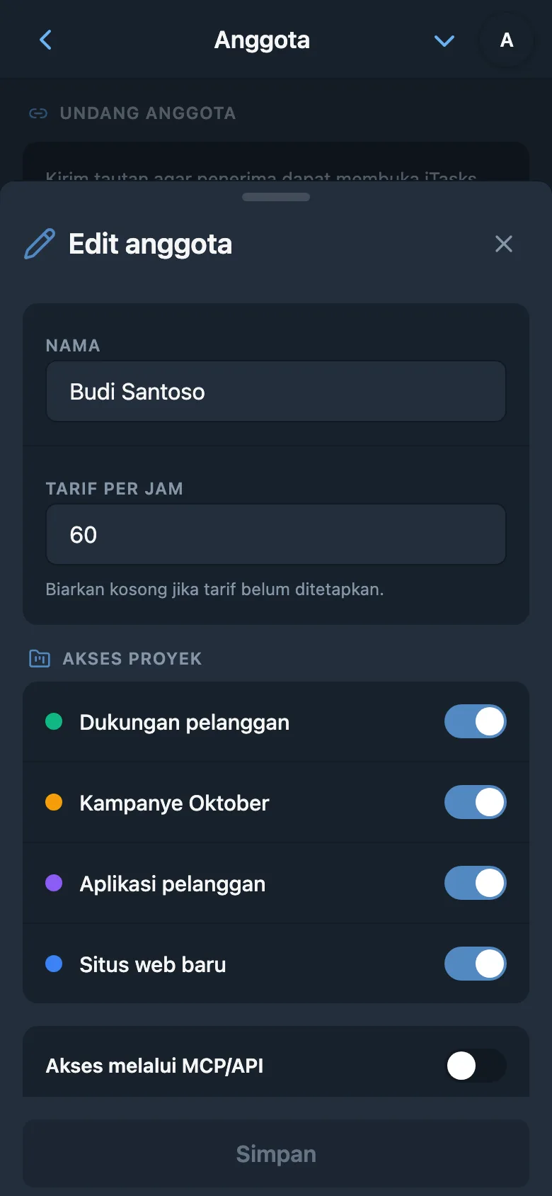 Tarif per jam anggota tim