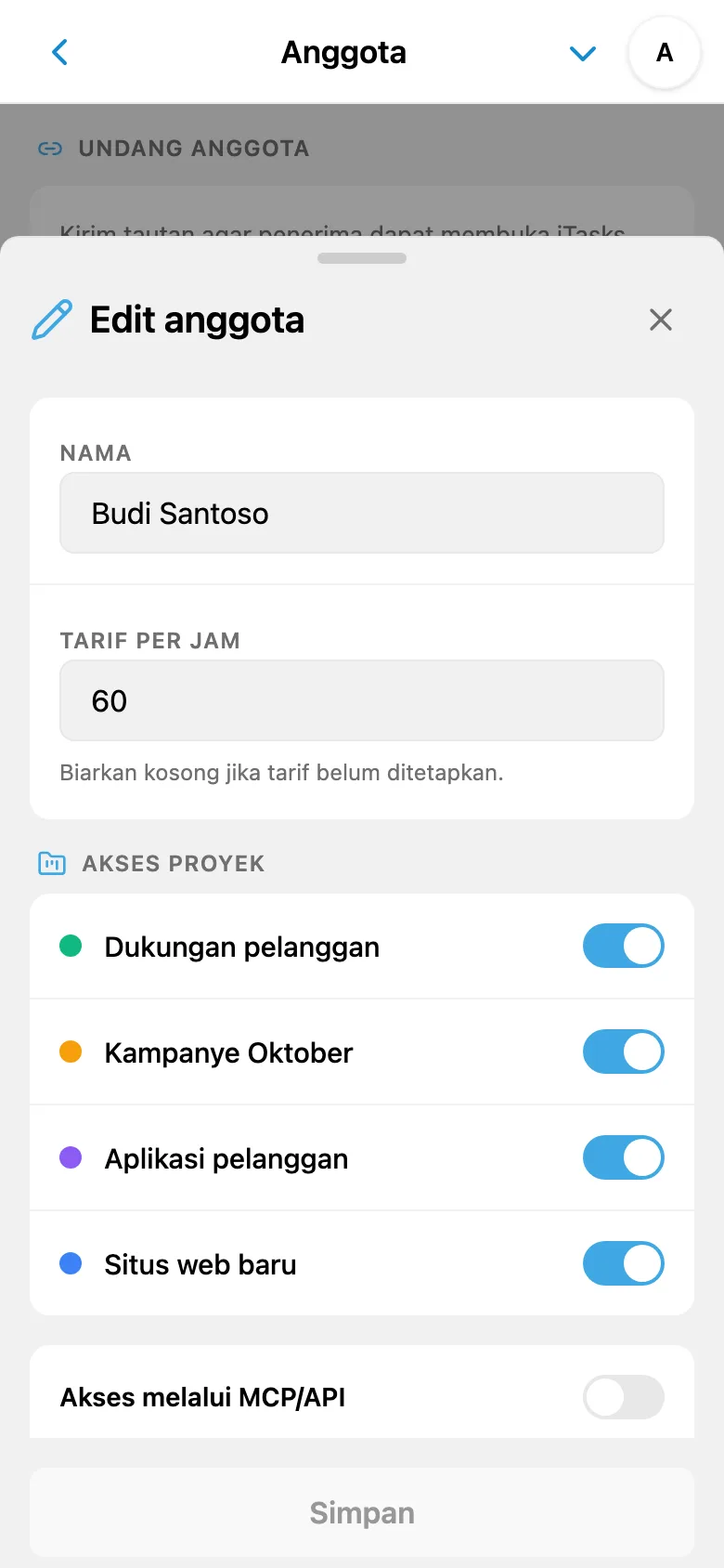 Tarif per jam anggota tim