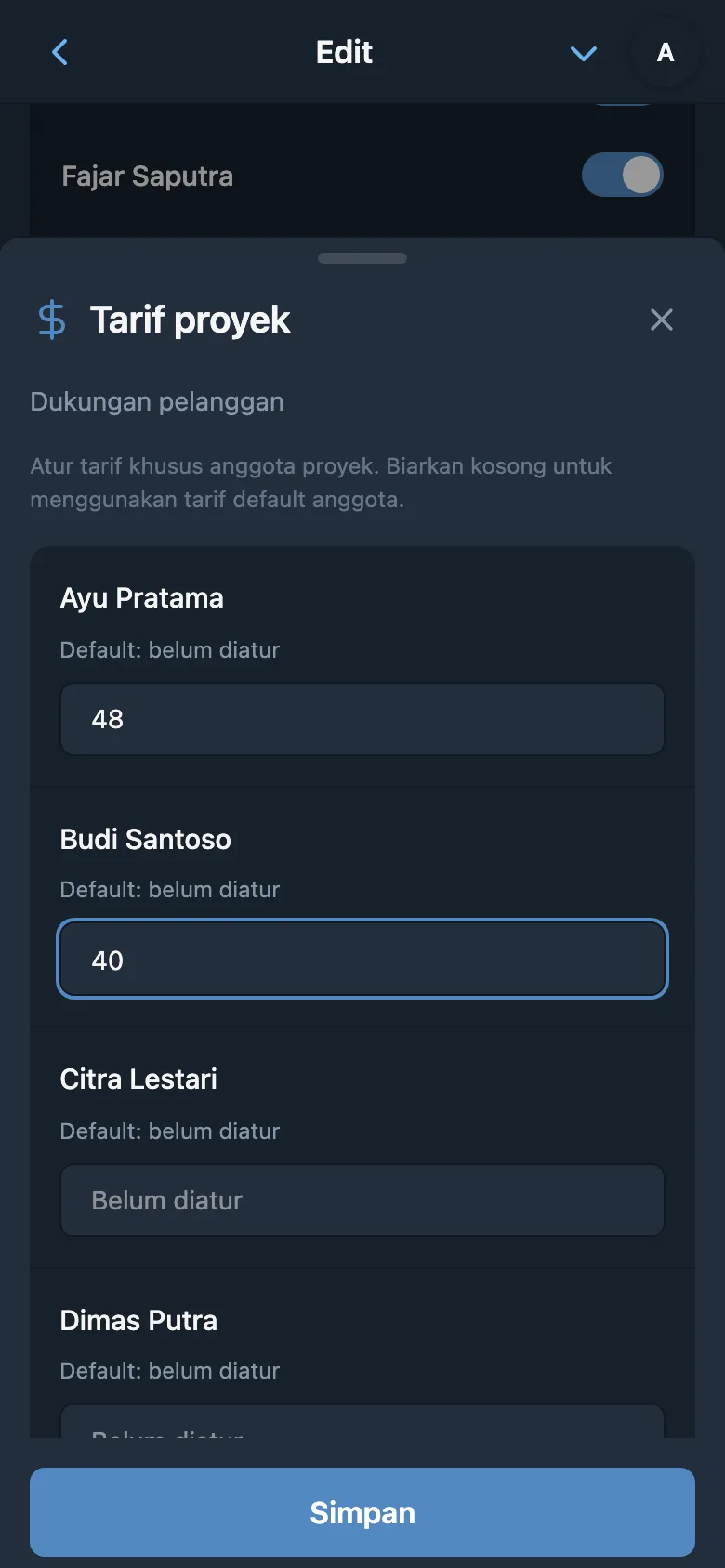 Tarif tiap anggota untuk proyek yang dipilih