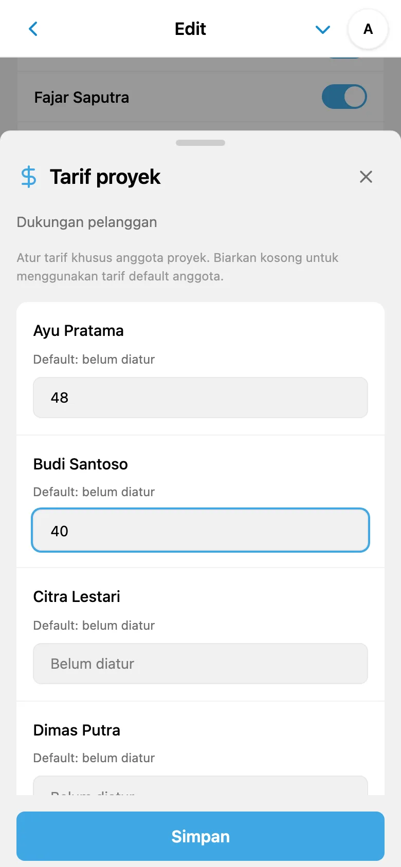 Tarif tiap anggota untuk proyek yang dipilih