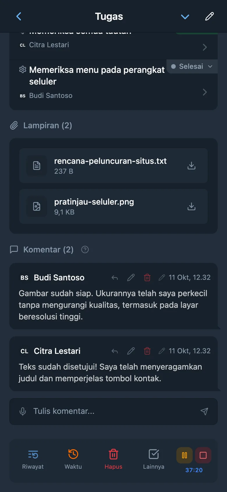 Timer pelacakan waktu yang sedang berjalan pada tugas