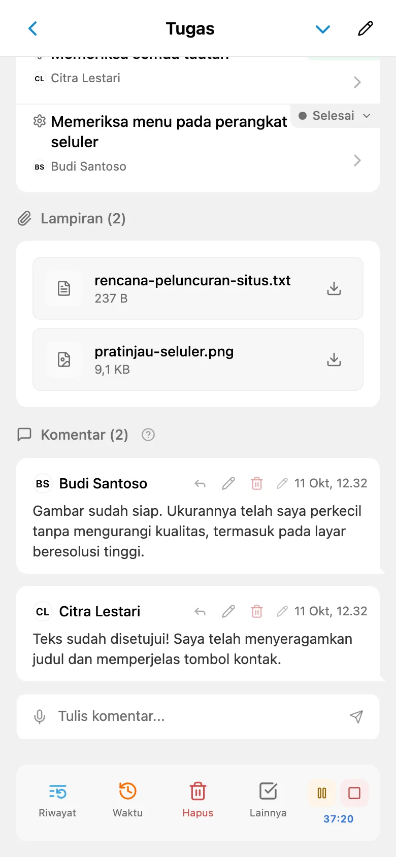 Timer pelacakan waktu yang sedang berjalan pada tugas