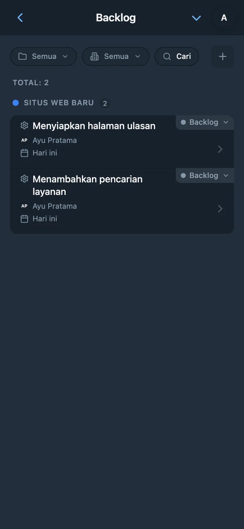 Backlog proyek berisi tugas yang belum dimulai