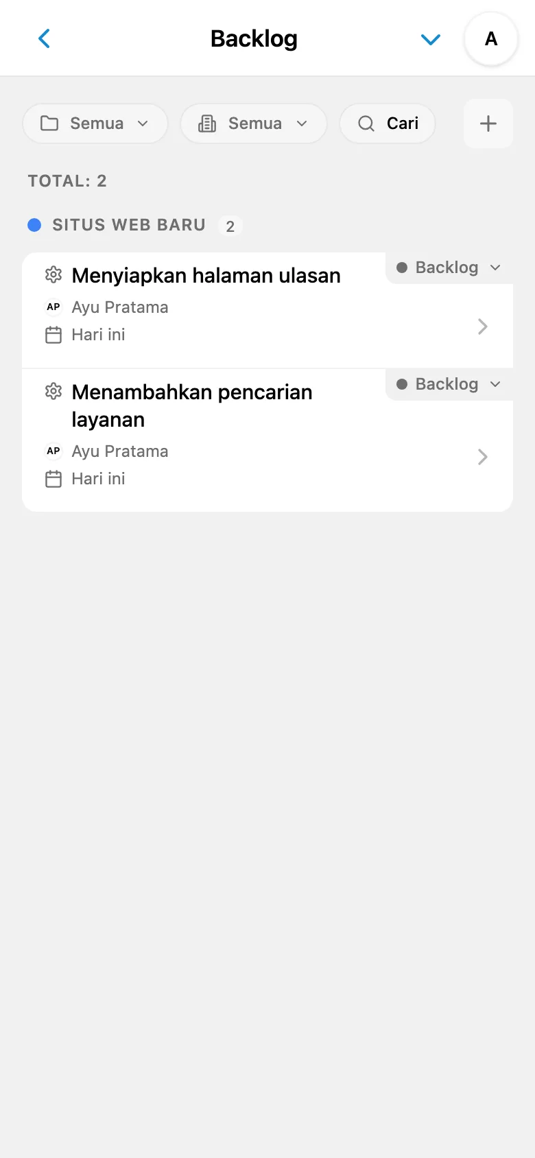 Backlog proyek berisi tugas yang belum dimulai