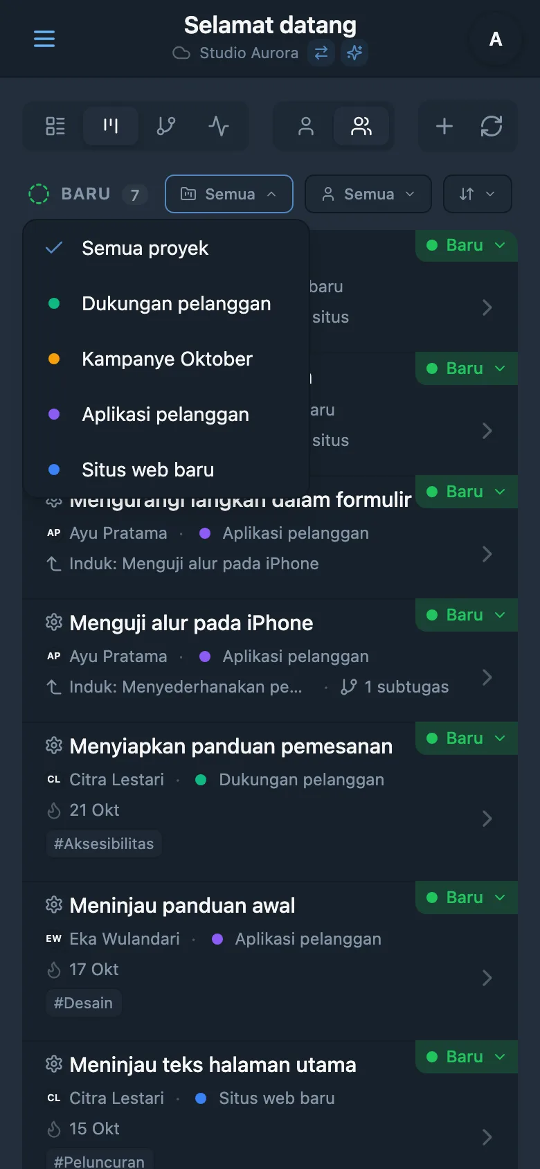 Panel filter proyek untuk tugas