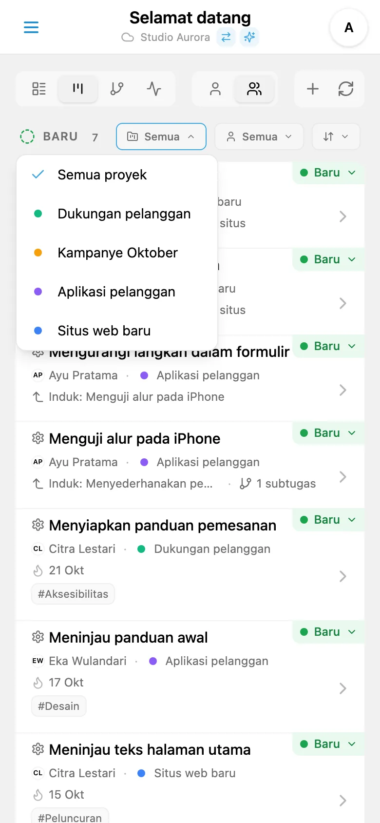 Panel filter proyek untuk tugas