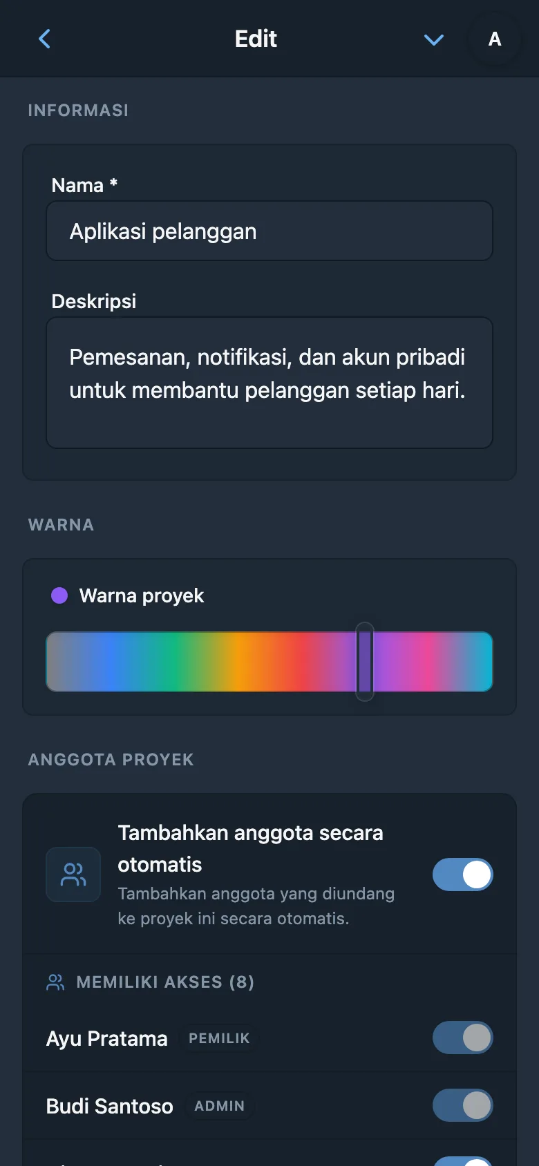 Pemilihan warna dalam pengaturan proyek