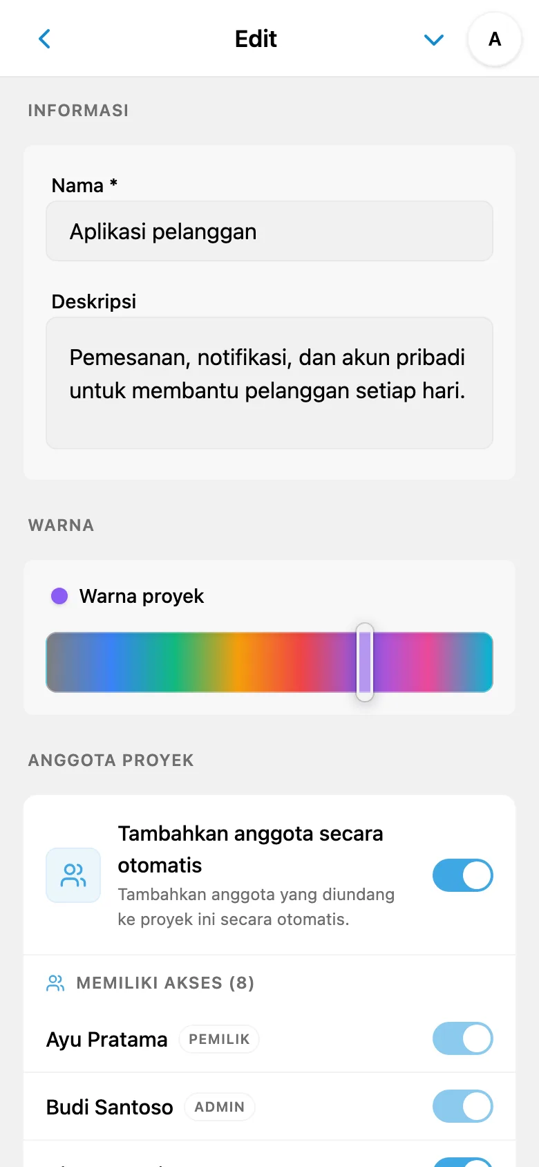 Pemilihan warna dalam pengaturan proyek