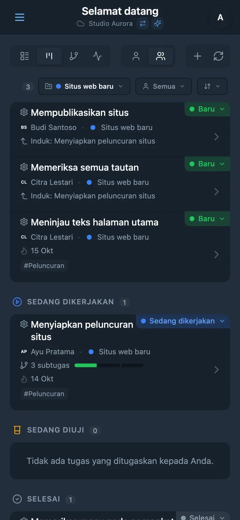 Tugas proyek yang dipilih beserta label warnanya