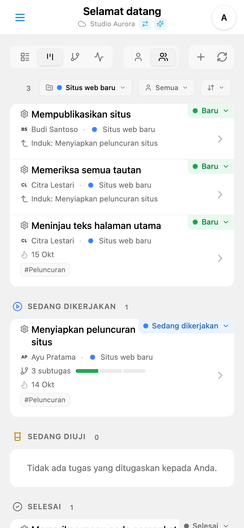 Tugas proyek yang dipilih beserta label warnanya