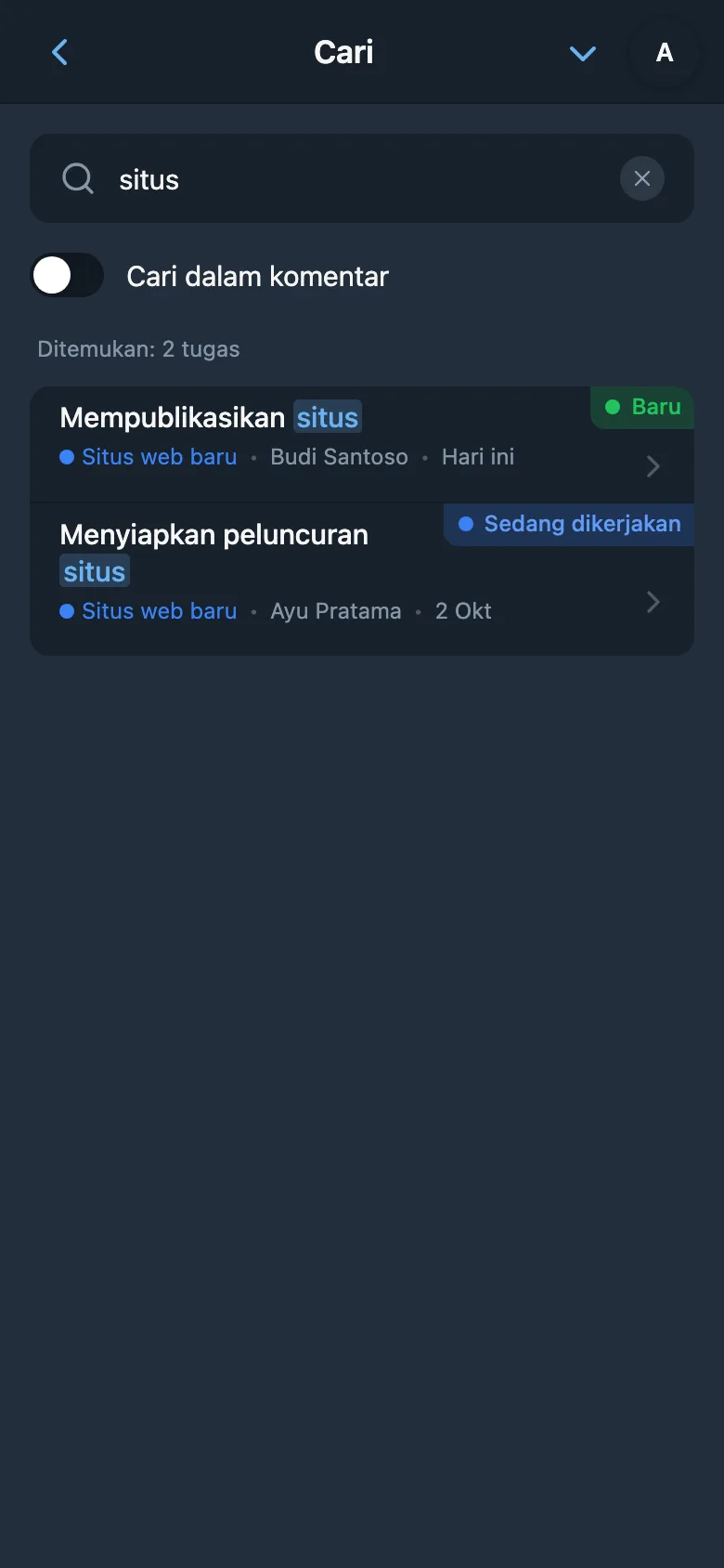 Pencarian tugas dengan kueri dan hasil yang ditampilkan